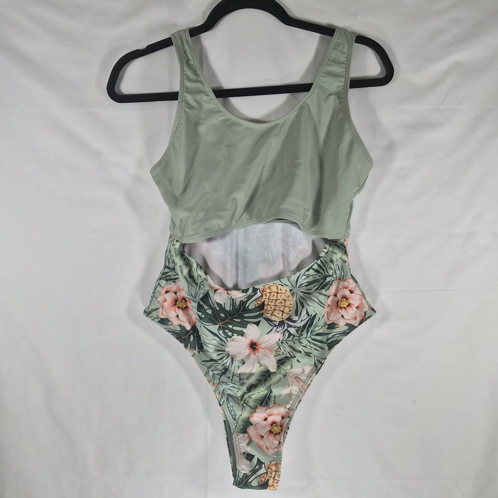 Women's Tropical Floral Cutout One Piece Swimsuit Sage Green Size Medium